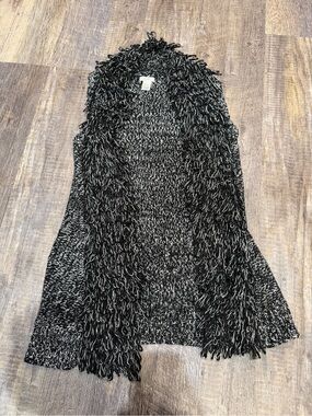 Cache Black & White Loop-Trim Open Cardigan Vest